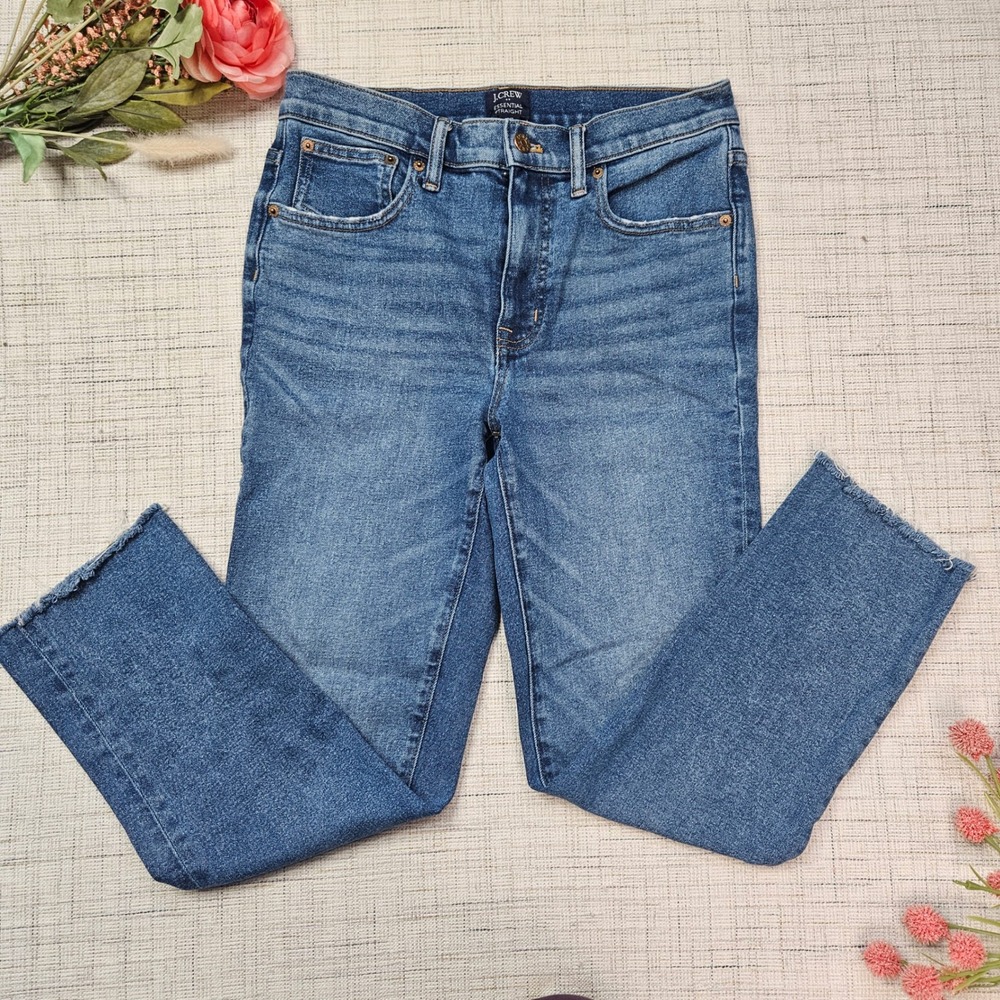 J Crew Essential Straight High‎ Rise Raw Hem Jeans Medium Wash BT019 Womens 27